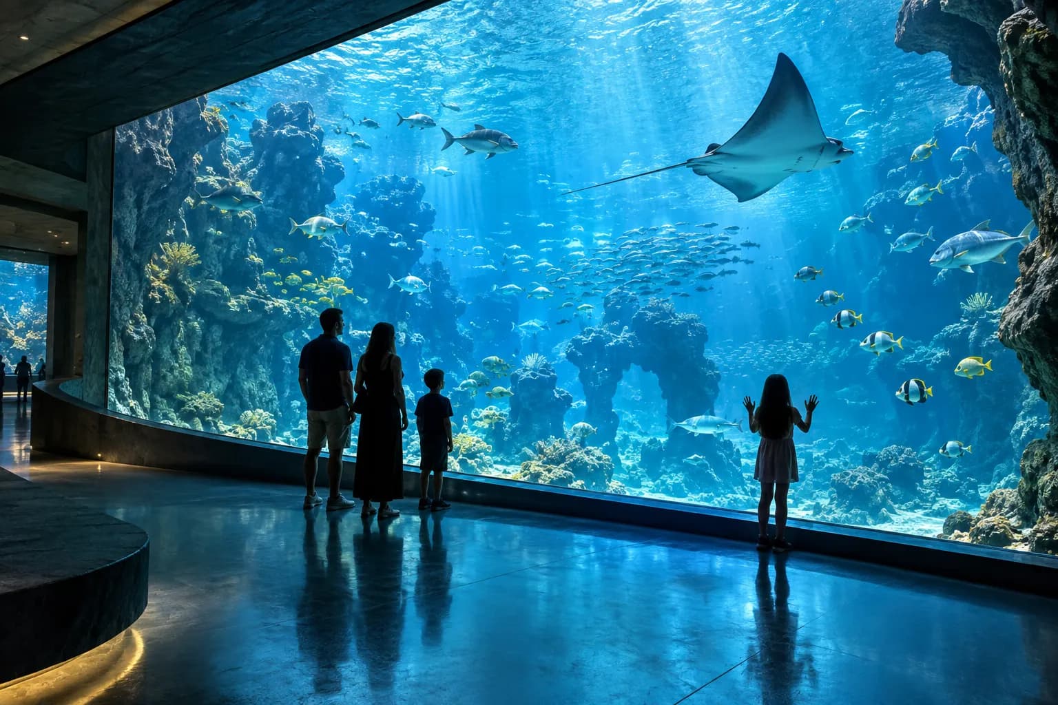 Illustrative aquarium gallery with visitors watching fish and a ray