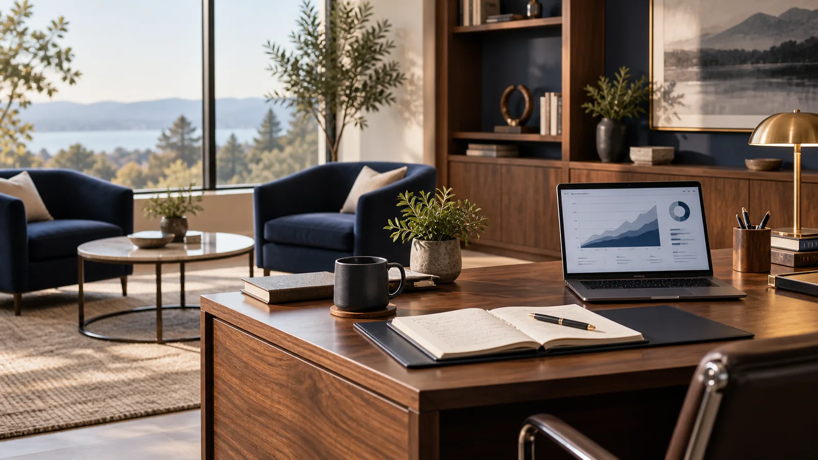Boutique advisory office with a planning notebook and abstract financial chart
