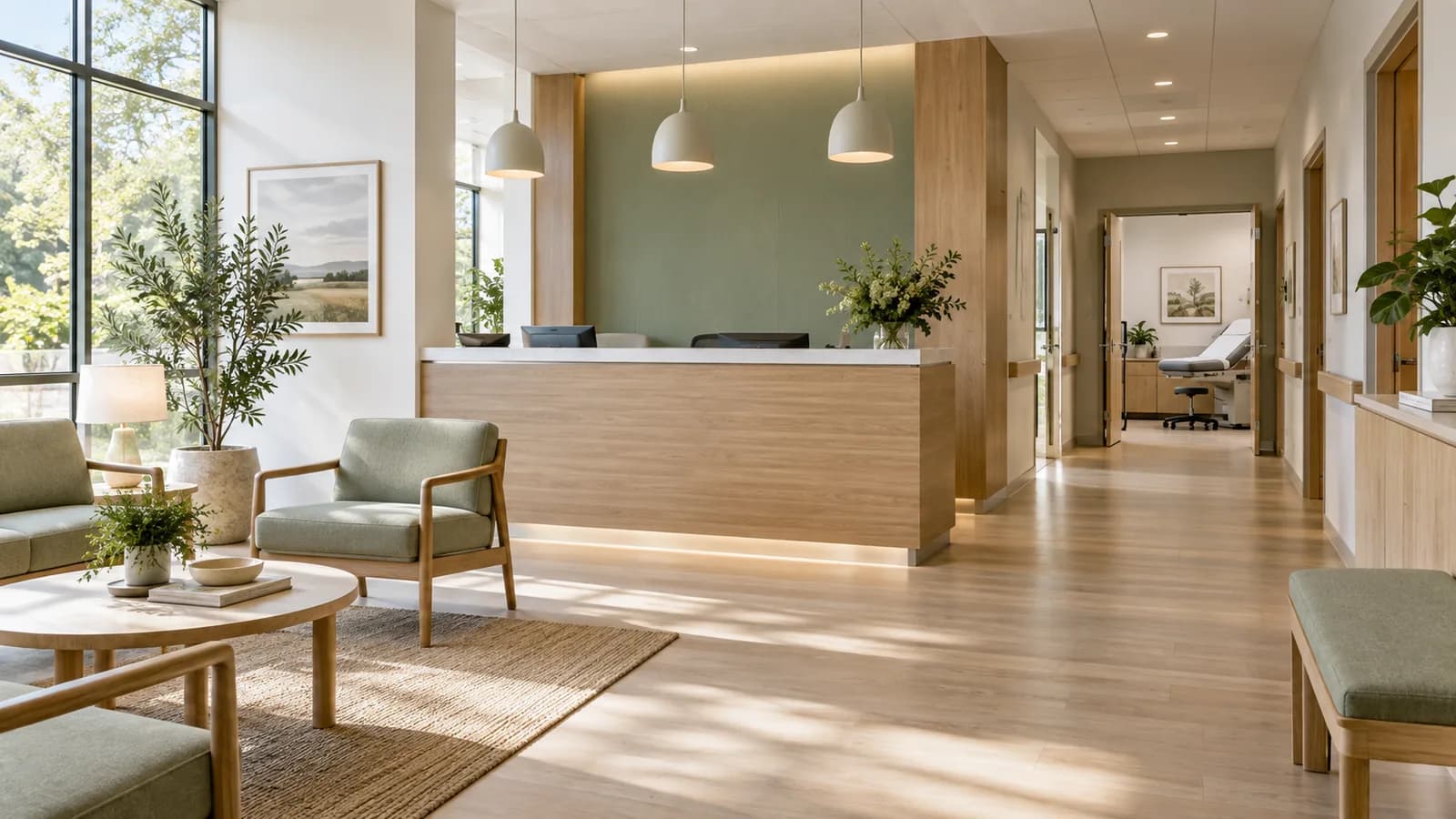 Welcoming primary care reception with natural wood and accessible hallway