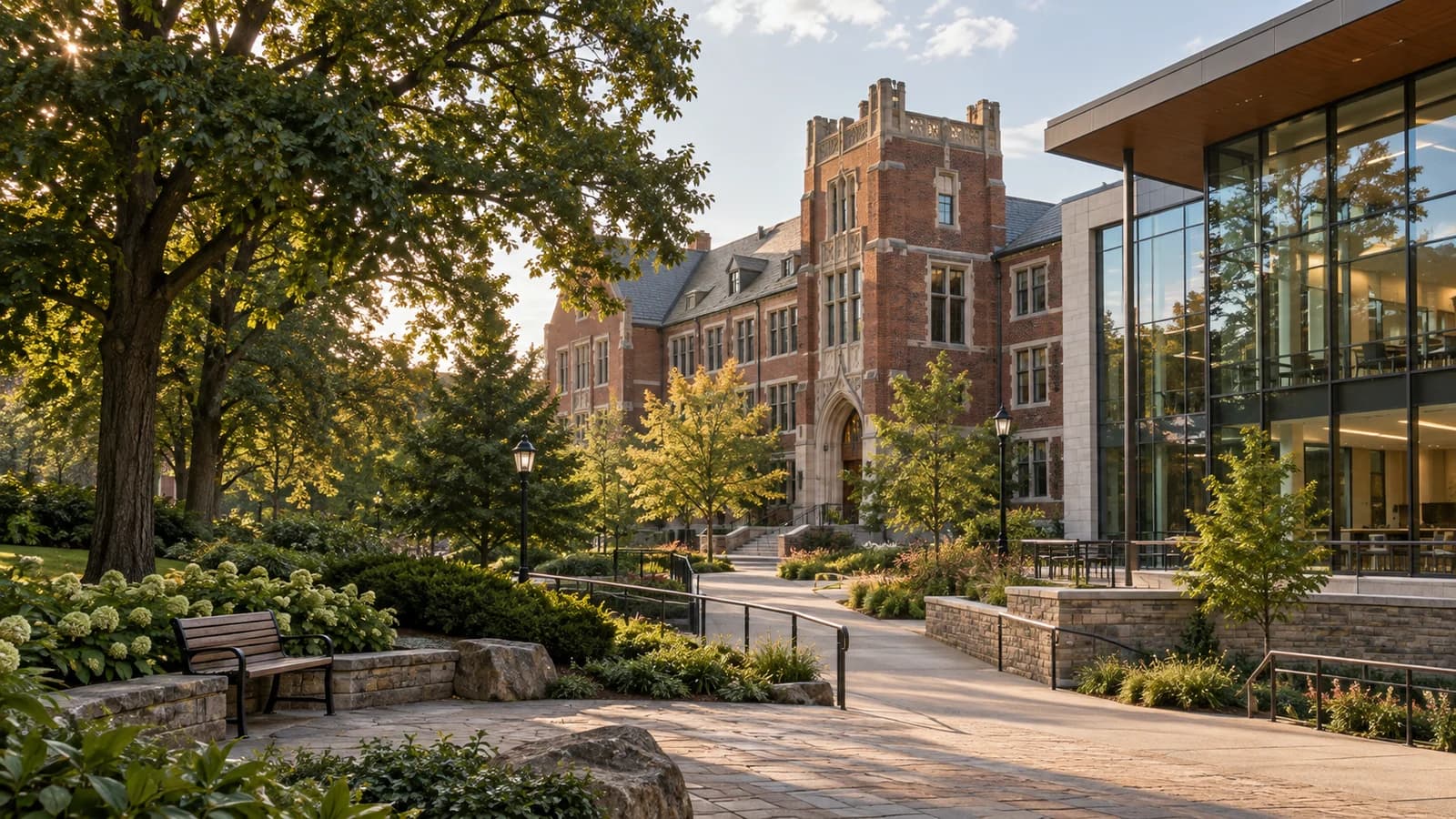 Welcoming university courtyard with brick academic buildings, a modern learning commons, and landscaped accessible walkways