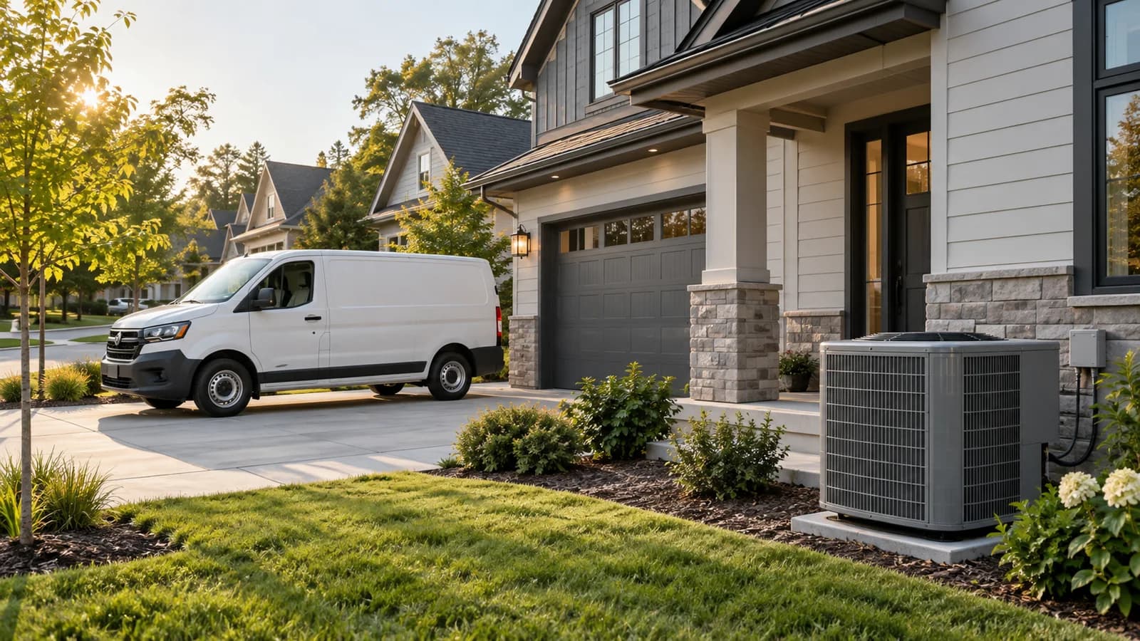 Suburban home with a tidy HVAC installation and unbranded service van