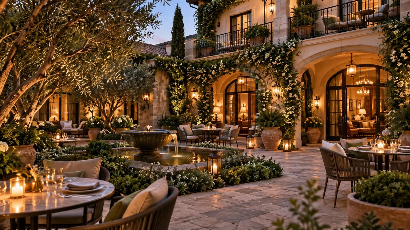 Boutique hotel courtyard with elegant seating and warm evening lighting