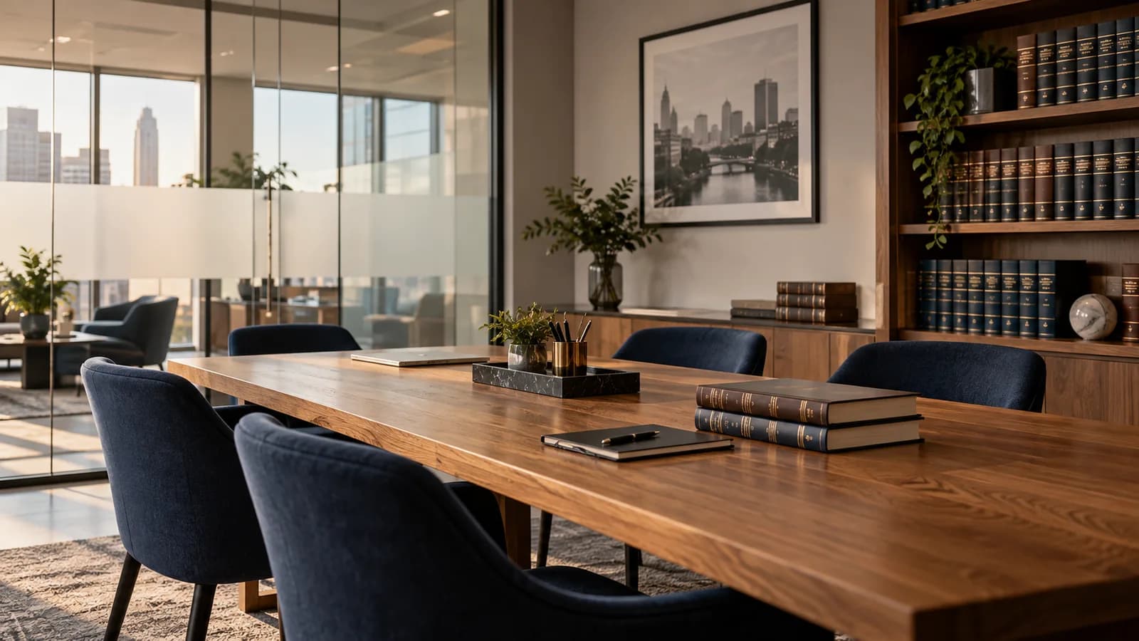 Professional law firm consultation room with reference books and warm wood