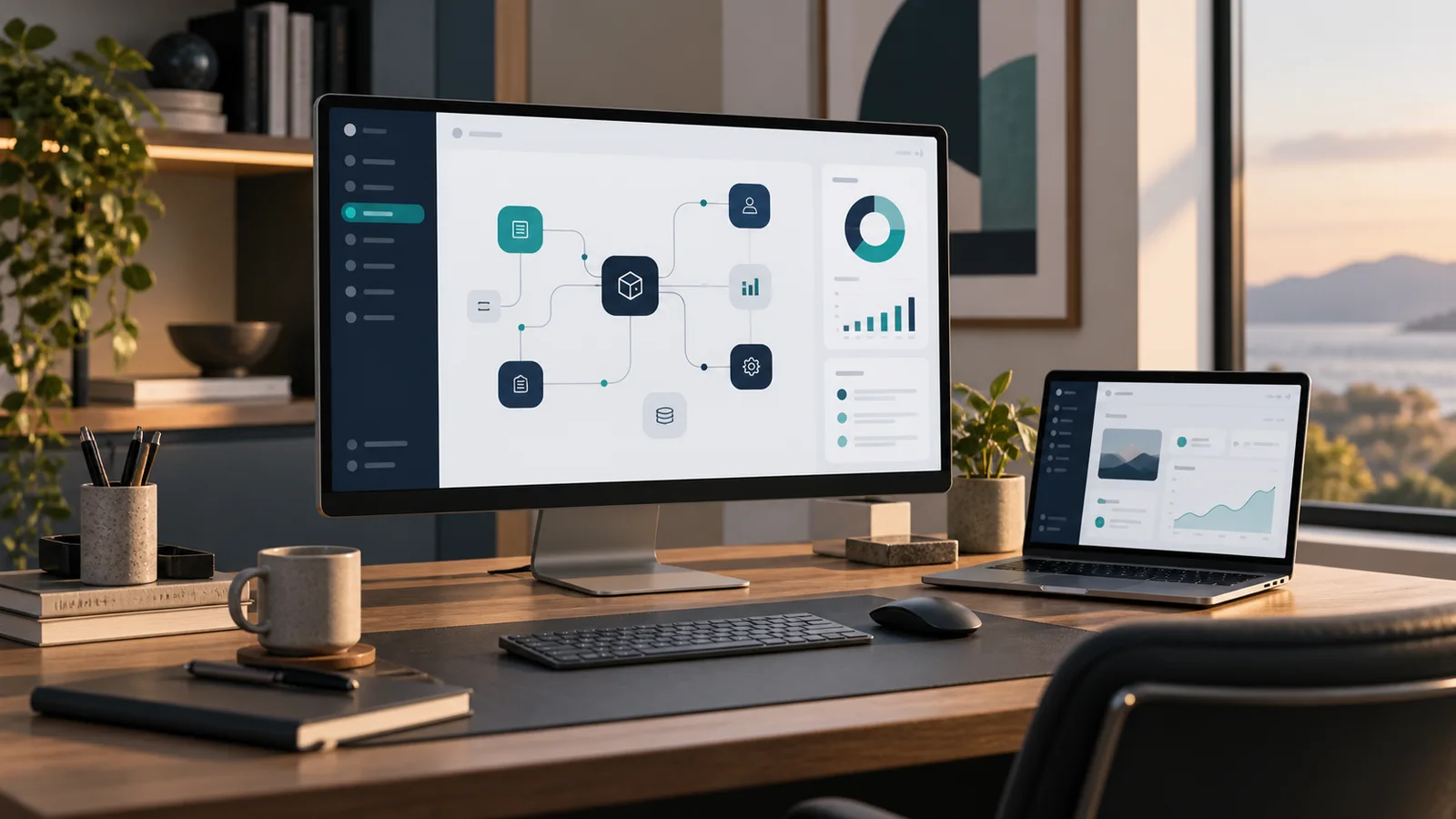 Software workspace with a workflow interface and product design materials