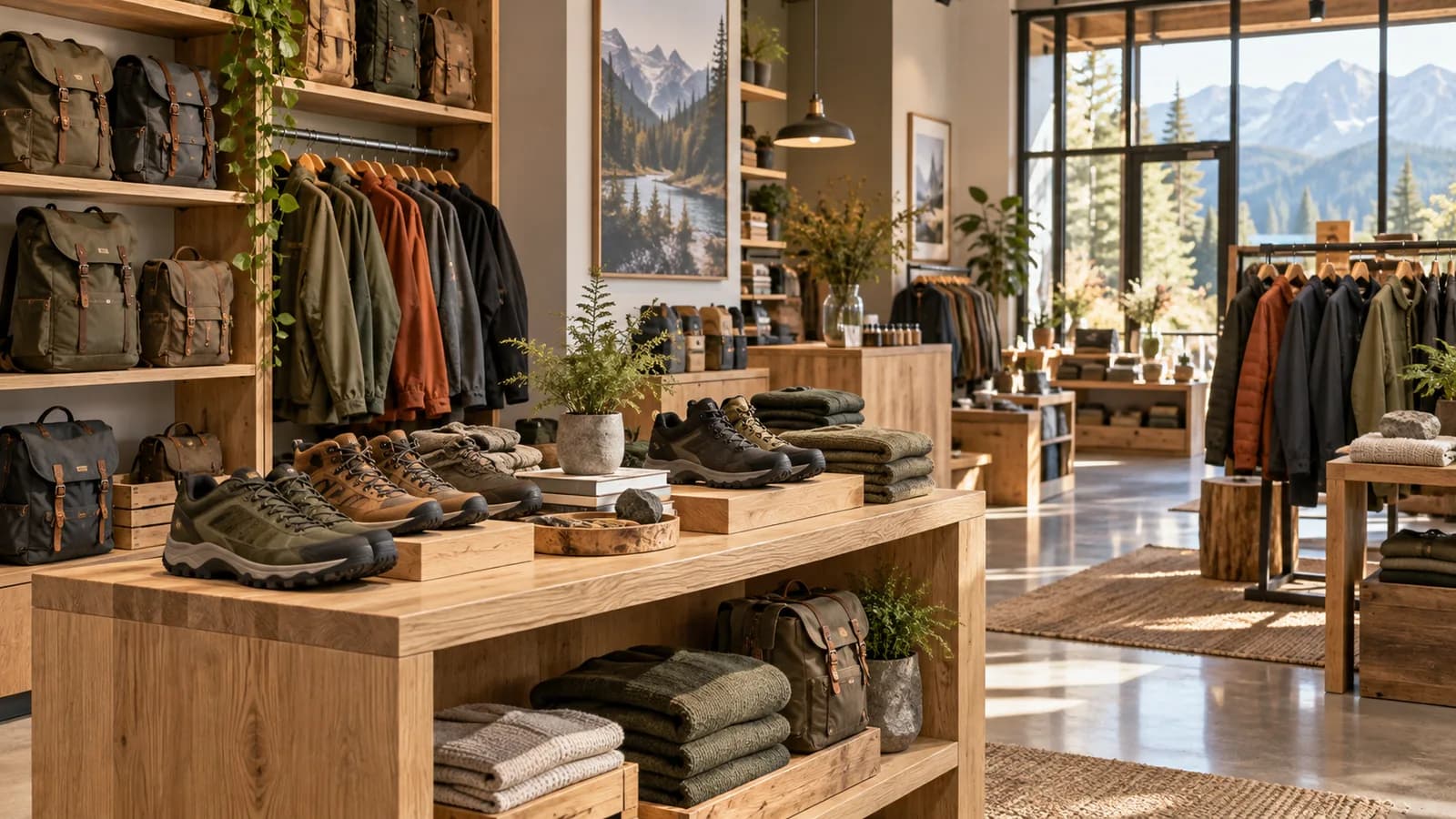 Independent outdoor retail store with walking shoes, backpacks, and oak fixtures