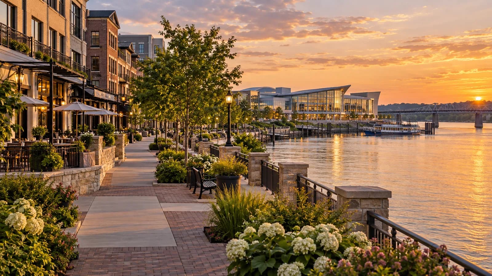 Walkable riverfront destination with hotels, cafes, and a convention venue