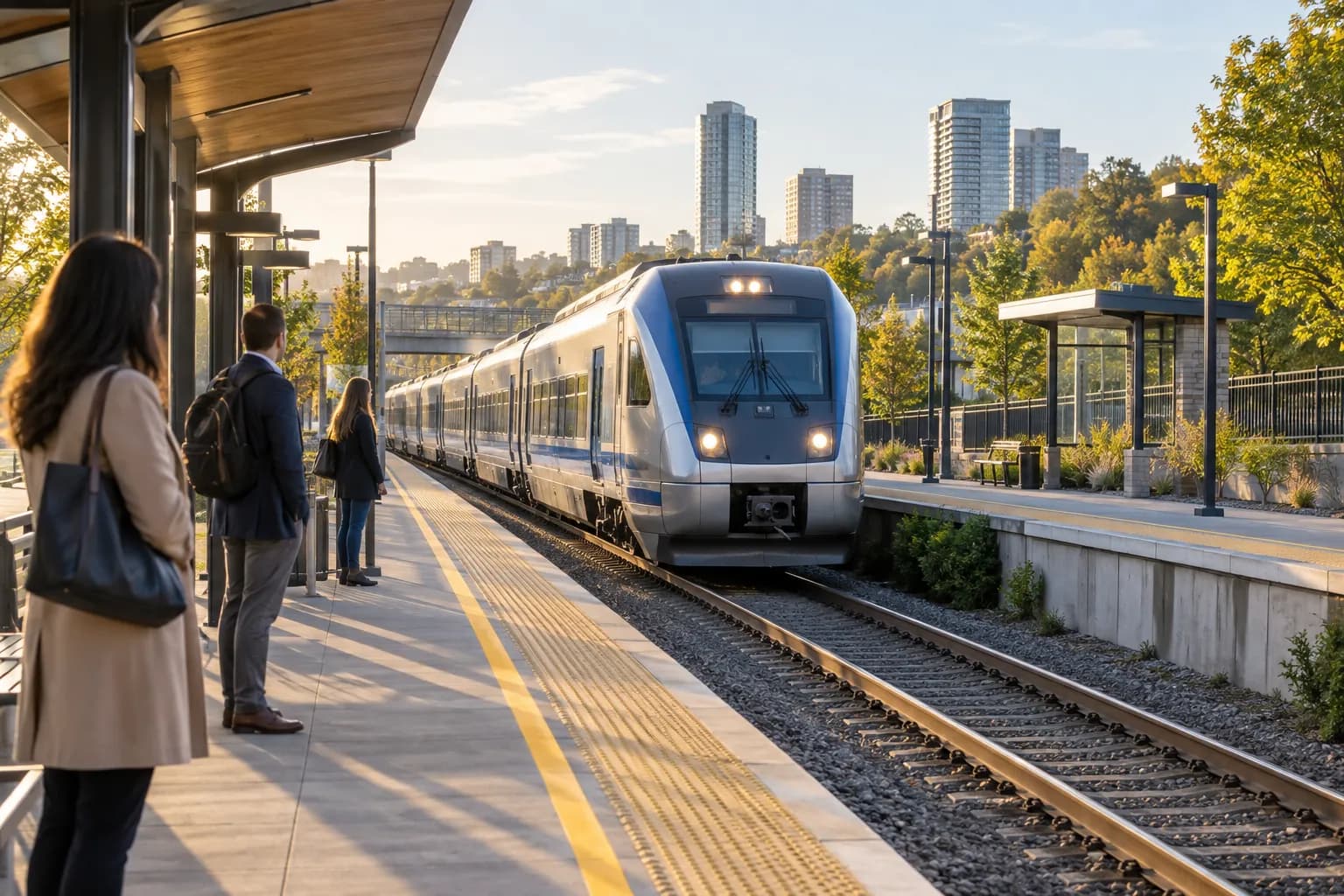 Illustrative commuter train arriving at a regional station with passengers on the platform