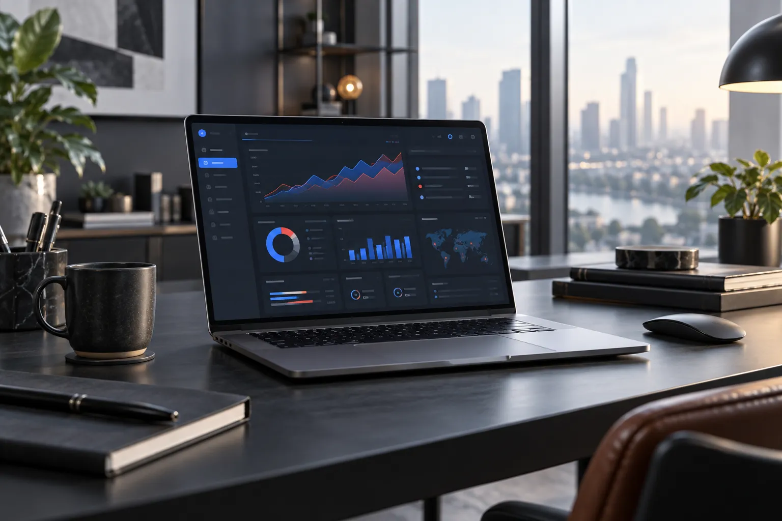 Illustrative SaaS analytics dashboard on a laptop in a modern workspace